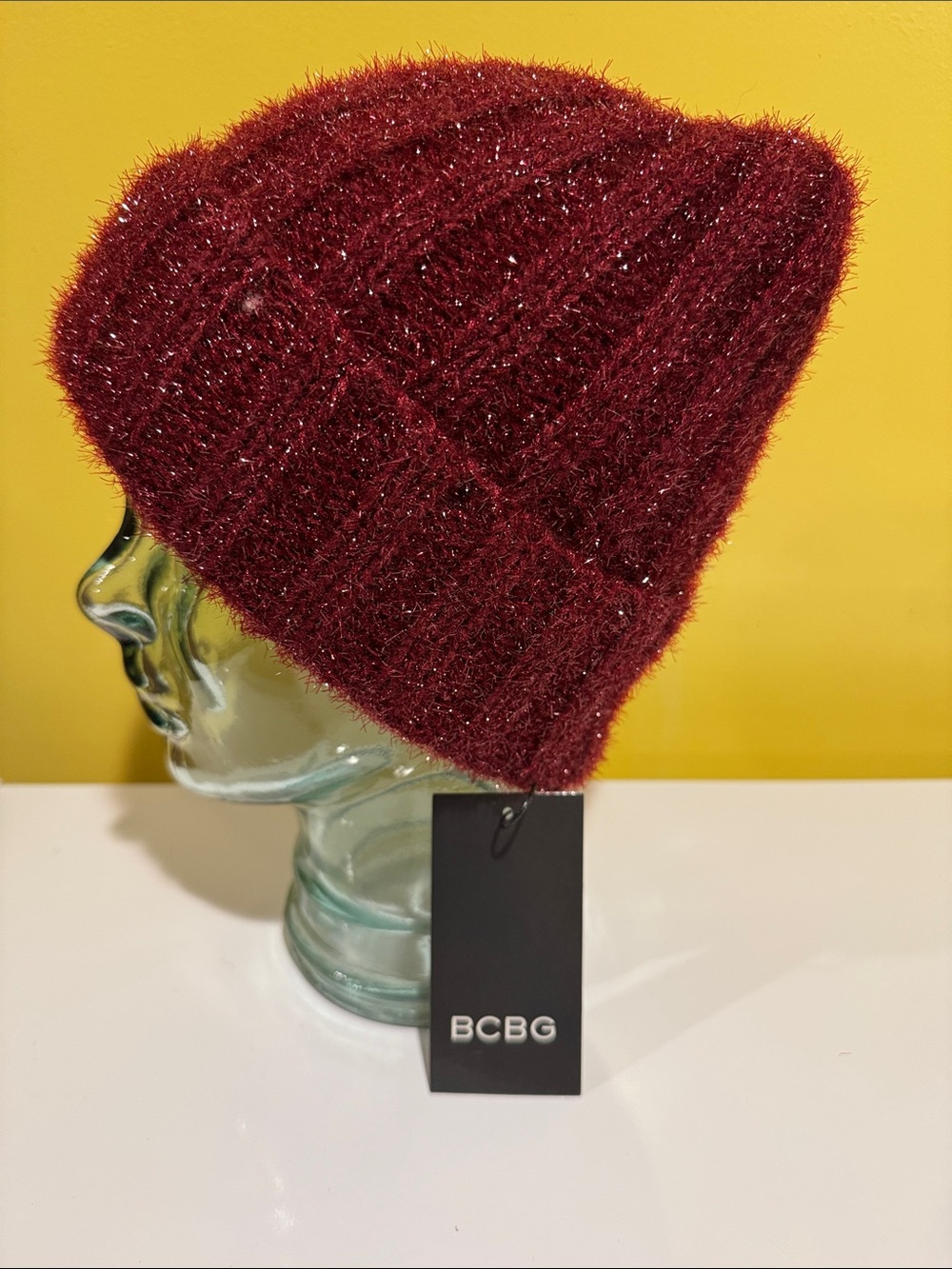 BCBG Metallic Ribbed Knit Beanie - Wine